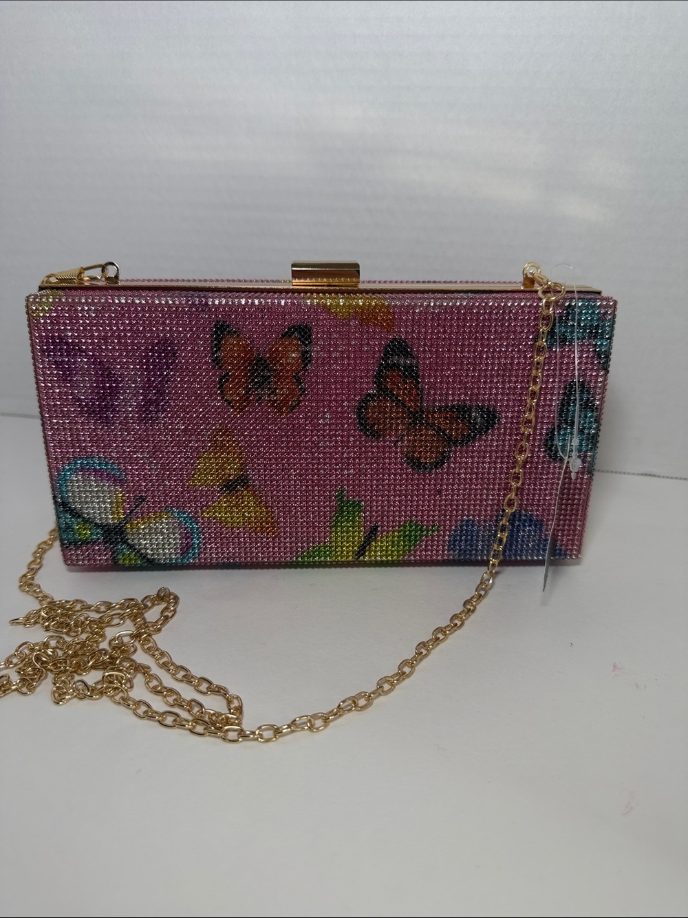 Natasha Couture Pink Crystal Butterfly Box Clutch with Gold Chain